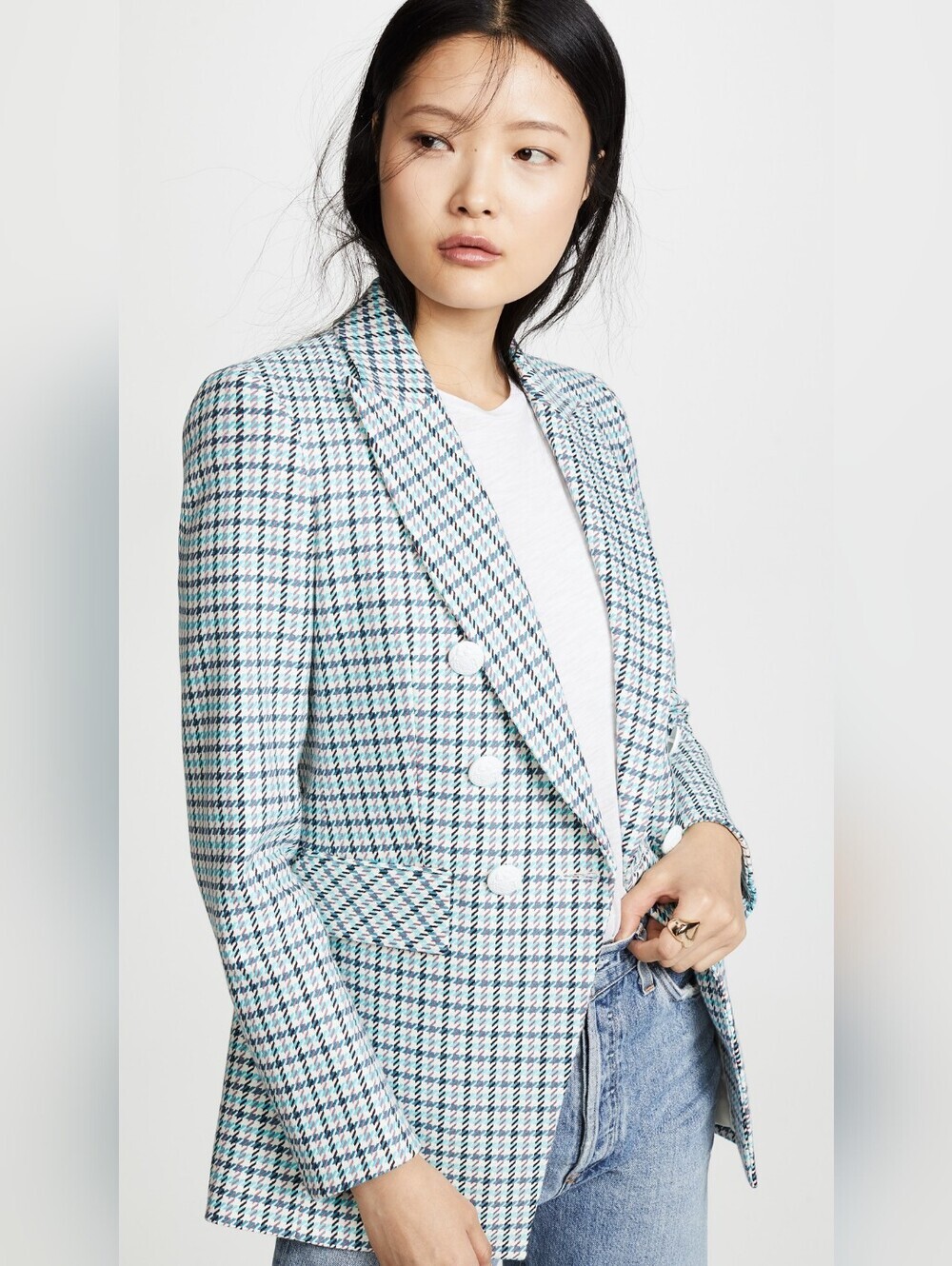 Veronica Beard White Blue Houndstooth Moroso Dickey Jacket Blazer